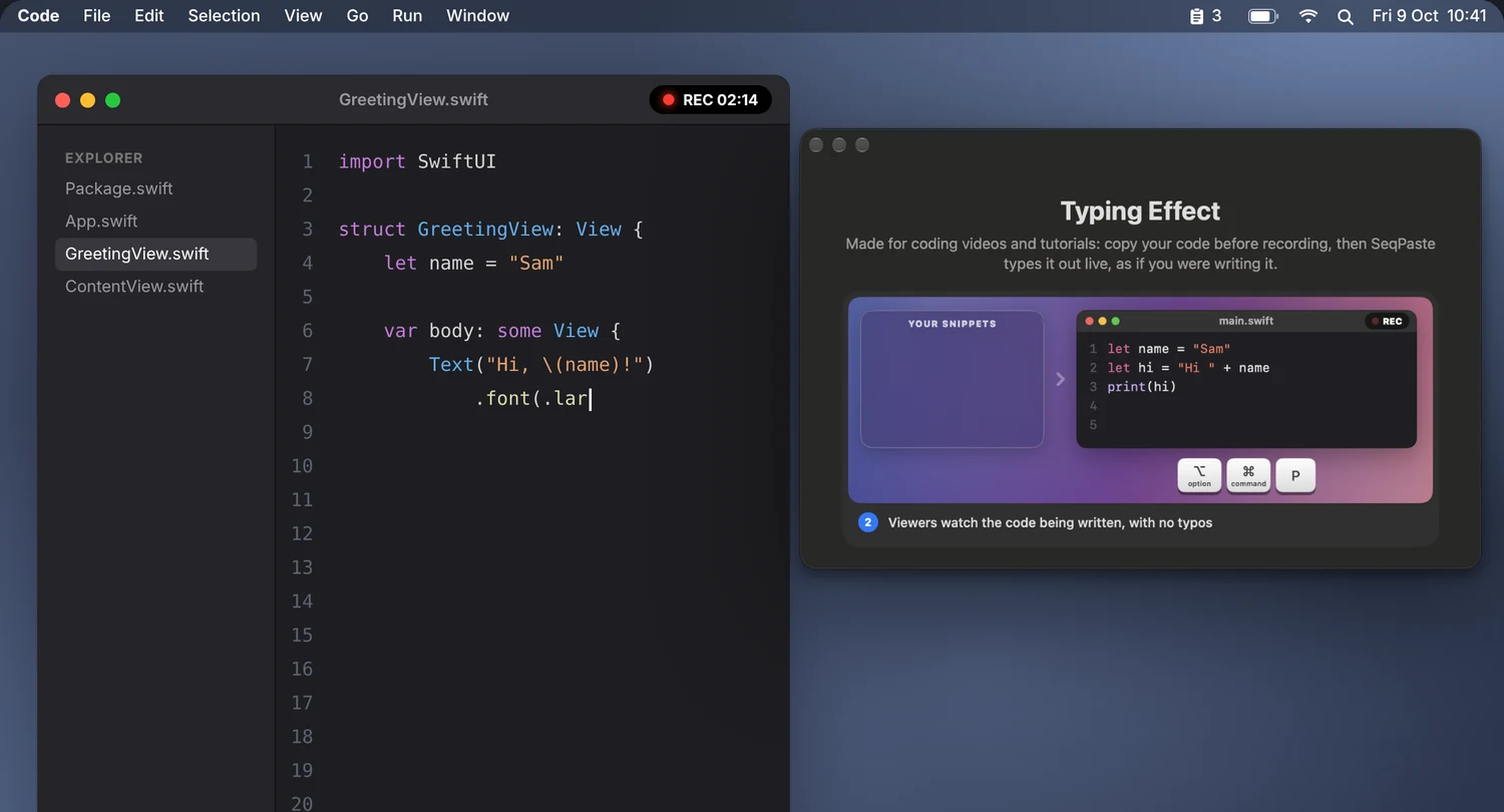 Code editor with SeqPaste typing a snippet live