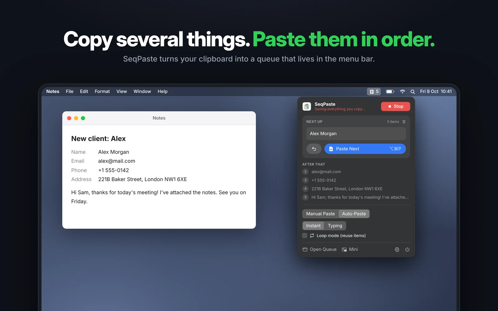 SeqPaste screenshot: copy paste in order