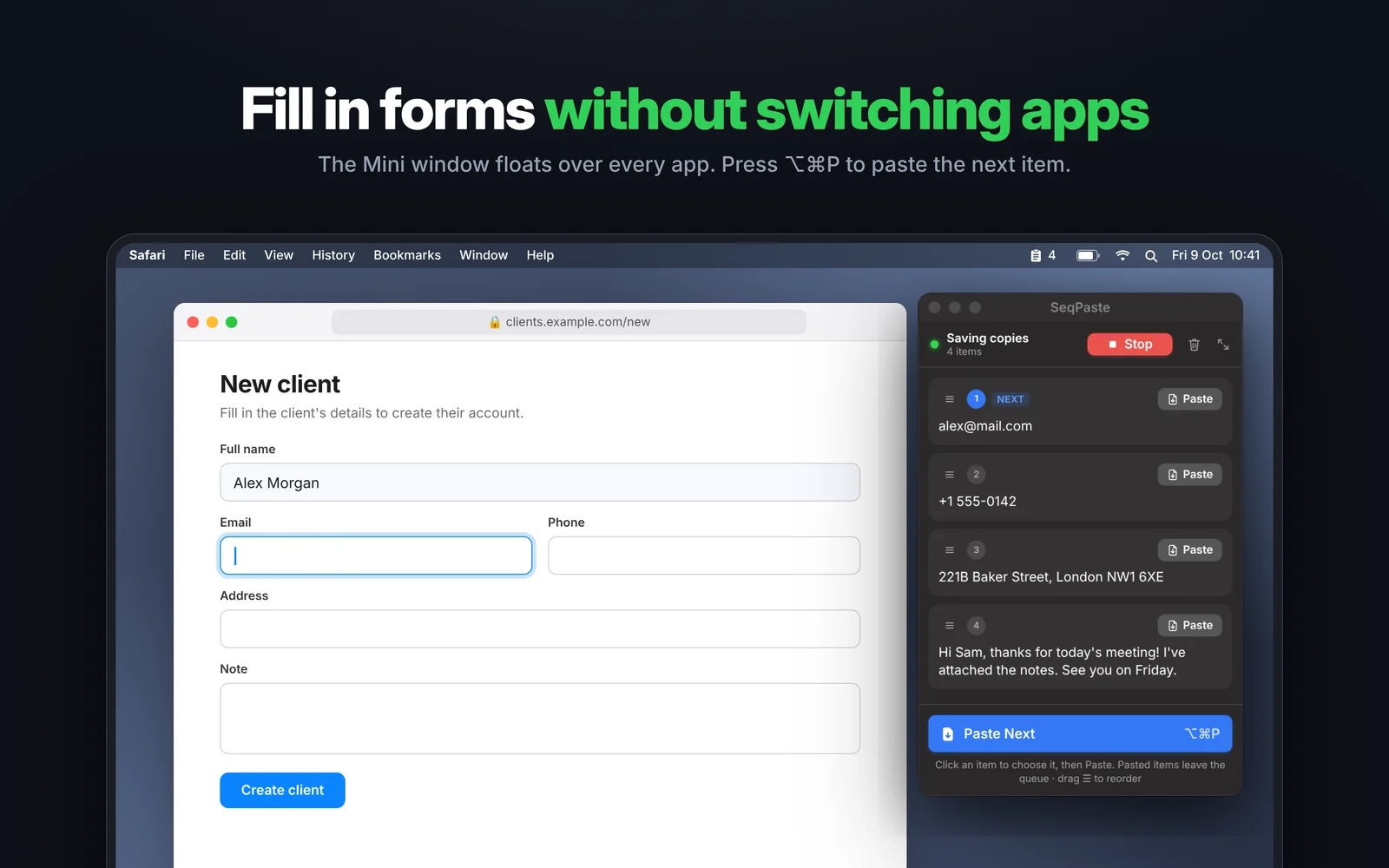 SeqPaste screenshot: fill forms