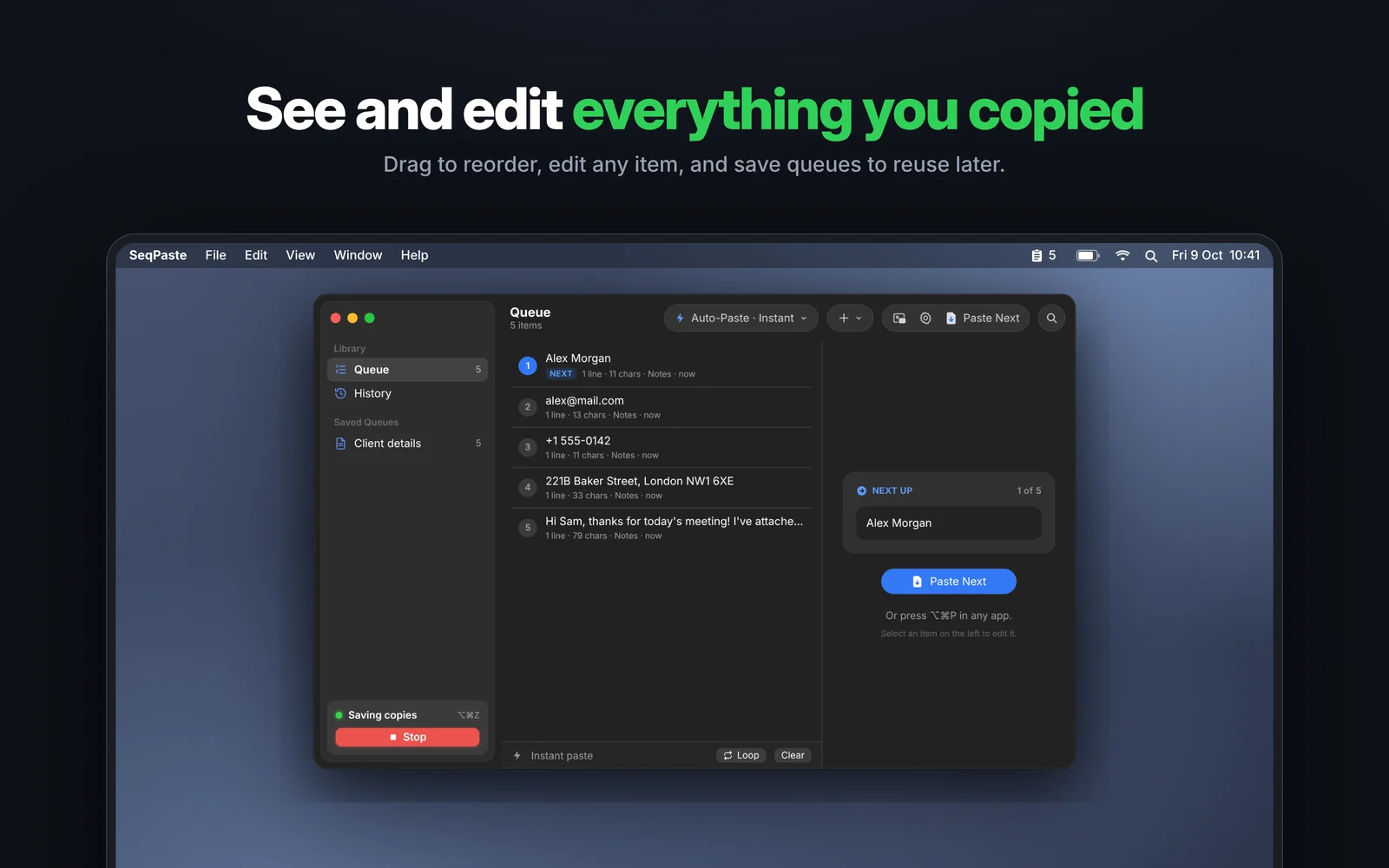 SeqPaste screenshot: queue window