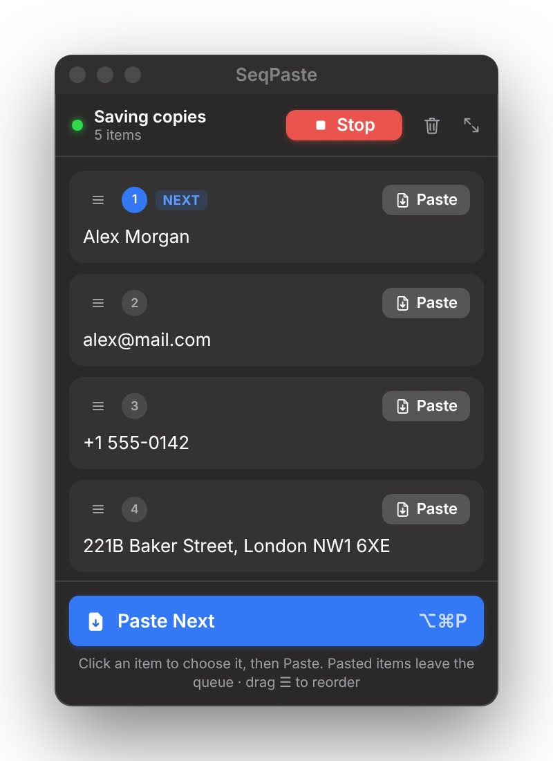 SeqPaste Mini window with queued items and a Paste Next button