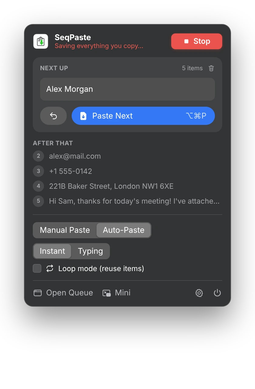 SeqPaste menu bar popover showing the next item and the queue